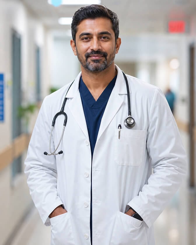 Male doctor in a white coat with a stethoscope, relaxed posture and warm expression in a clinic hallway