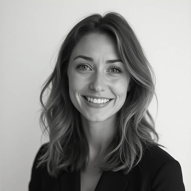 Black and white headshot of a woman with a friendly expression, showcasing a clean and minimalist branding style.