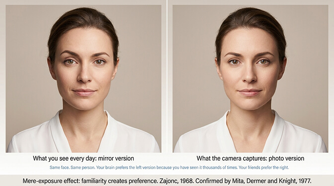 Side by side comparison of a mirrored face and a non-mirrored photo showing subtle asymmetry differences