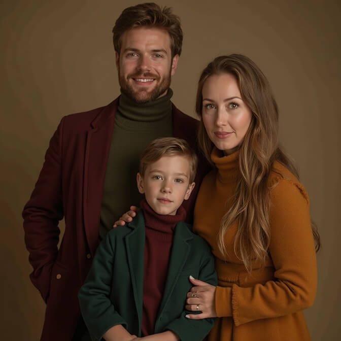 family of three dressed in jewel tones-burgundy, green, and mustard, posing together against a warm background