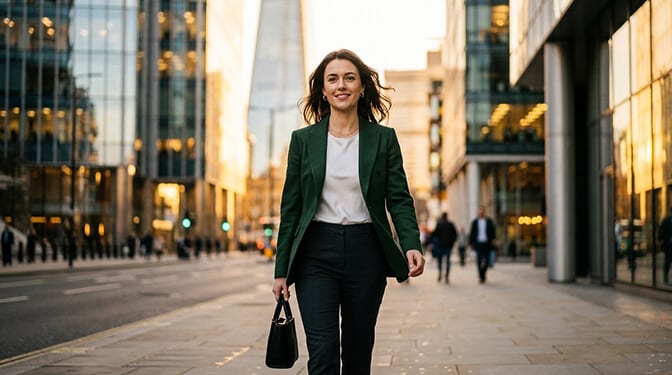 Outdoor urban headshot style with city architecture and golden hour lighting creating a modern metropolitan portrait