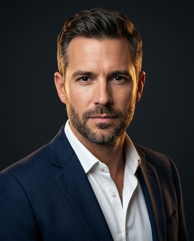 Side by side comparison of a 2018 white background headshot and a 2026 charcoal background headshot
