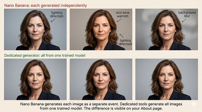 Multiple Nano Banana headshots showing inconsistent lighting and skin tones versus consistent dedicated tool output