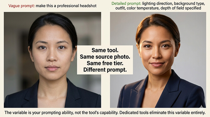 Comparison of vague prompt versus detailed prompt results in Nano Banana showing the quality gap