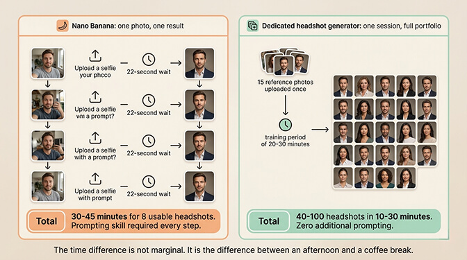 One Nano Banana output versus multiple consistent headshots from a dedicated AI headshot generator