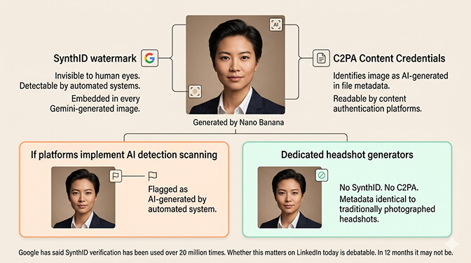 SynthID watermark and C2PA metadata detected in a Nano Banana generated headshot