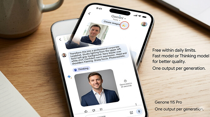 Step by step screenshot of using Nano Banana in the Gemini app to generate a professional headshot from a selfie