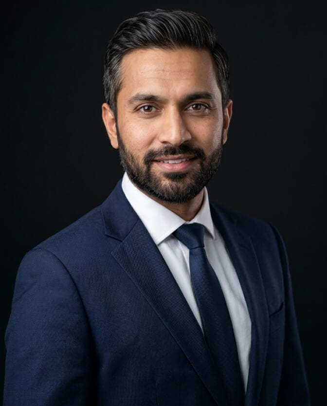 Man in a navy suit demonstrating a powerful office headshot pose with relaxed shoulders and an angled body
