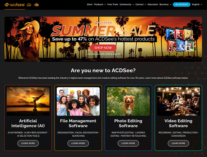 ACDSee Photo Studio promotional page showing its AI and editing features