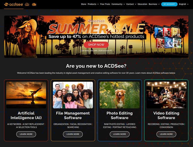 ACDSee Photo Studio promotional page showing its AI and editing features