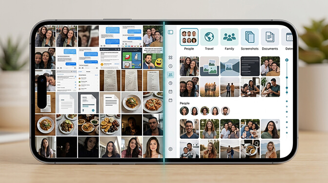 A large personal photo library displayed as an organized grid on a tablet