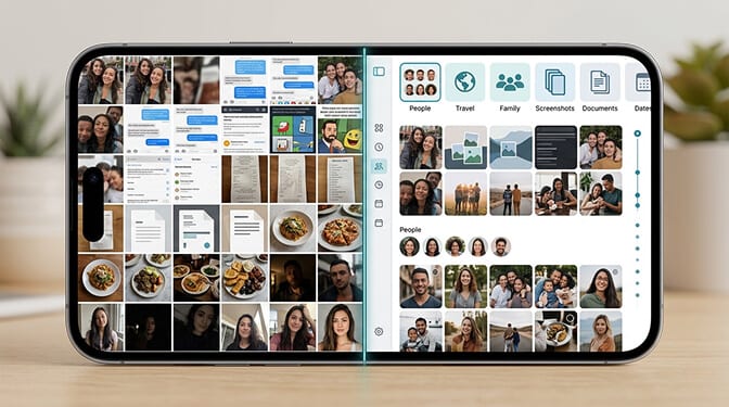 A large personal photo library displayed as an organized grid on a tablet
