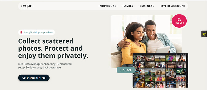 Mylio Photos+ page describing private, decentralized photo syncing