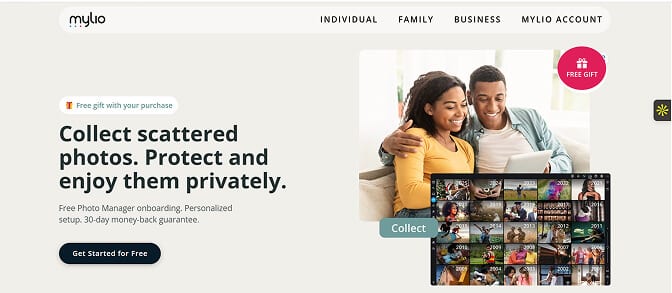 Mylio Photos+ page describing private, decentralized photo syncing