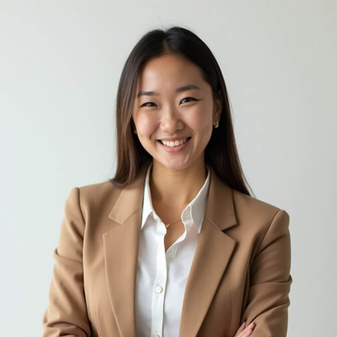 Professional headshot of a woman smiling, dressed in a neutral-toned suit, with soft lighting and a clean background.