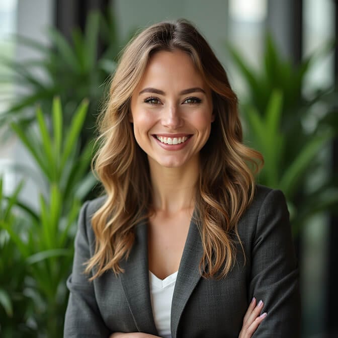 realtor headshot of a woman, sitting and slightly leaning forward