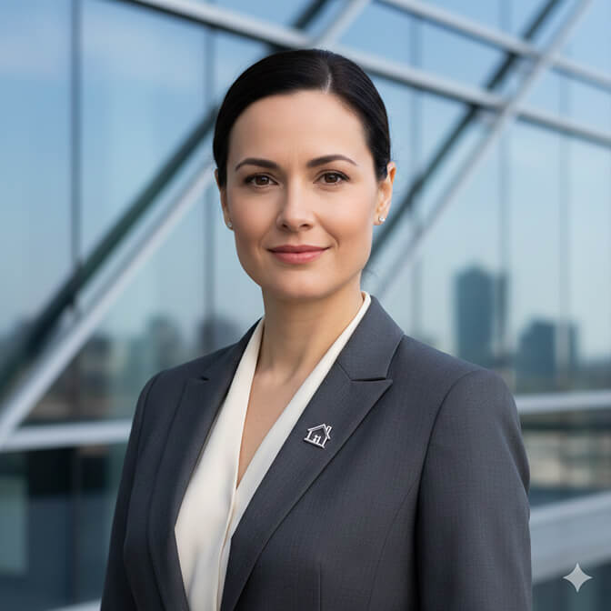 Confident expert realtor headshot with direct eye contact and clean architectural background
