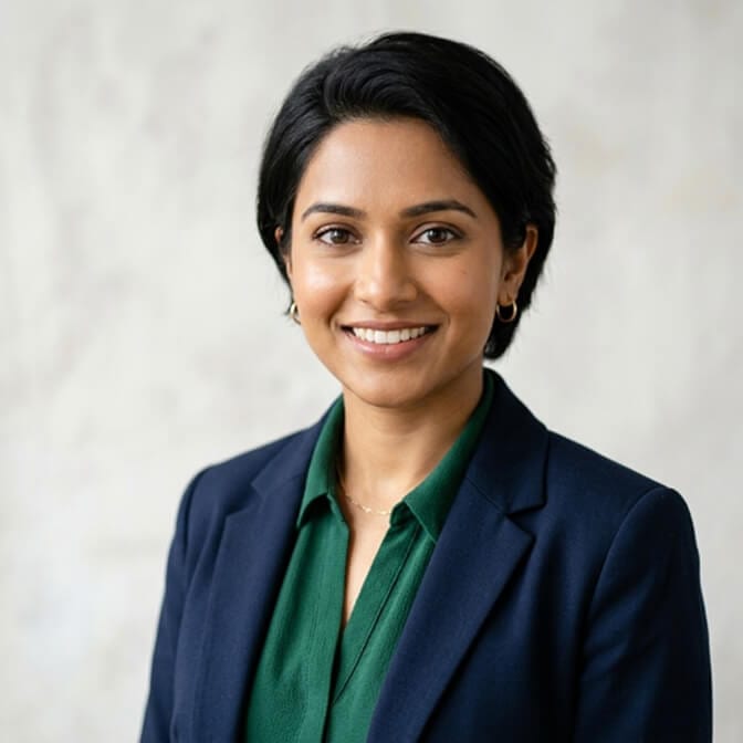 Professional AI headshot of a woman in a navy blazer and green top against a neutral background