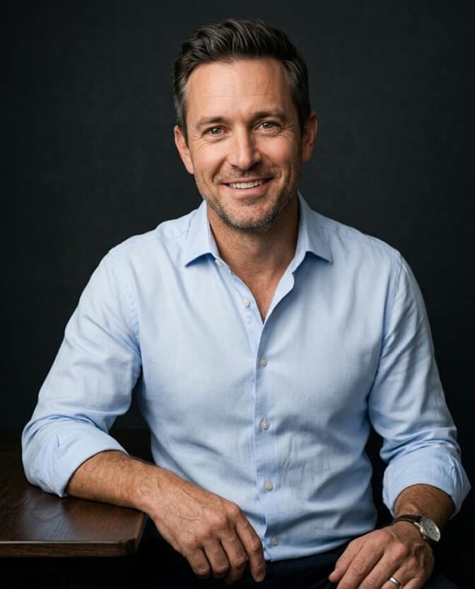 Studio-quality professional headshot of a man in a light blue shirt against a dark background