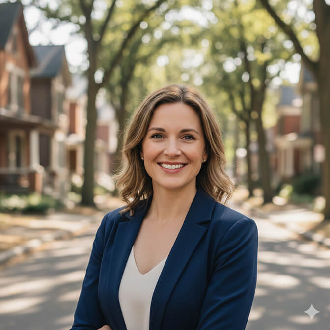 Trusted neighbor style realtor headshot with natural light and residential neighborhood background