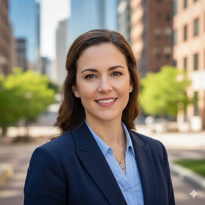 Professional real estate agent headshot with soft urban architectural background