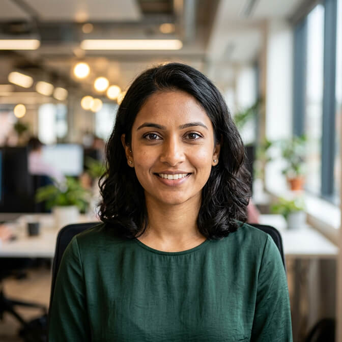 Professional AI headshot of a woman in a dark green top against a softly blurred office background showing the consistent polished result an AI headshot tool produces when juggling lighting and angles by yourself starts to wear thin