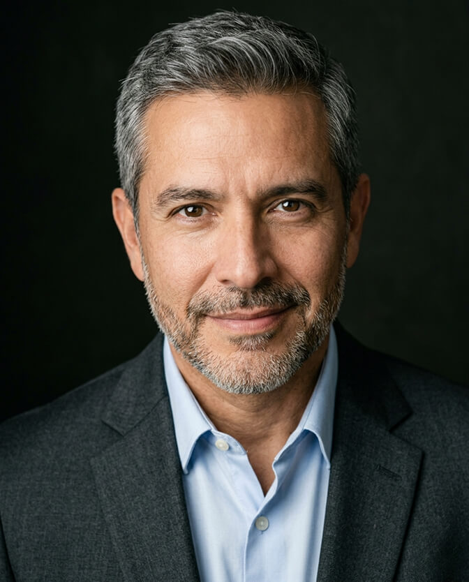 Professional iPhone style headshot of a mature man with gray hair in a gray blazer and light blue shirt against a dark background showing the clean subject separation and natural depth that Portrait Mode delivers