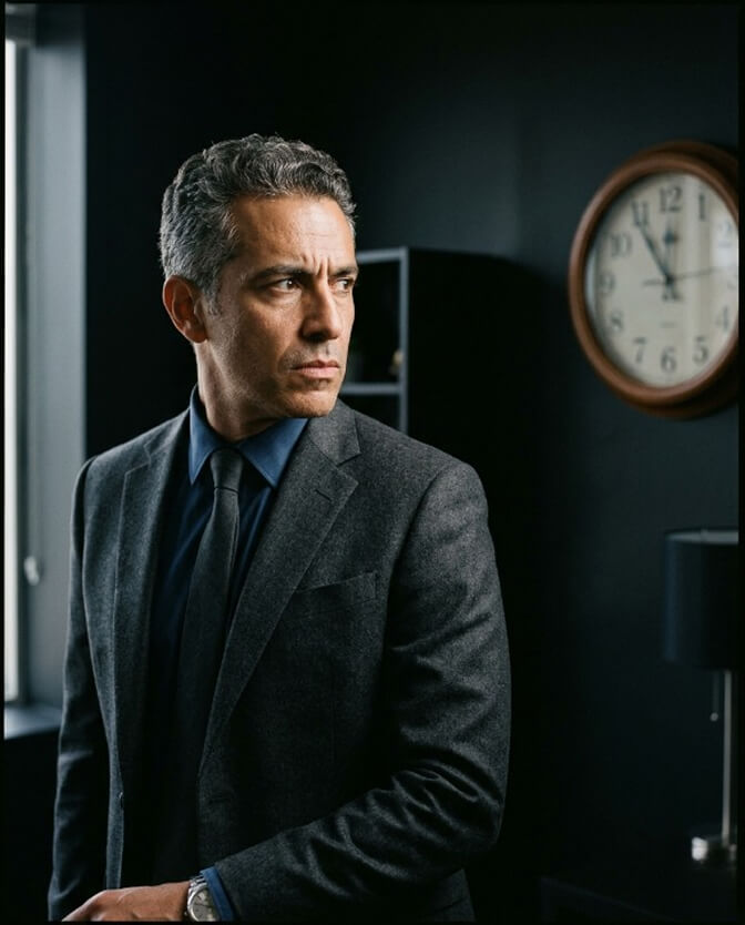 Professional in a dark suit standing beside a wall clock, illustrating the pressure of getting a headshot before a deadline