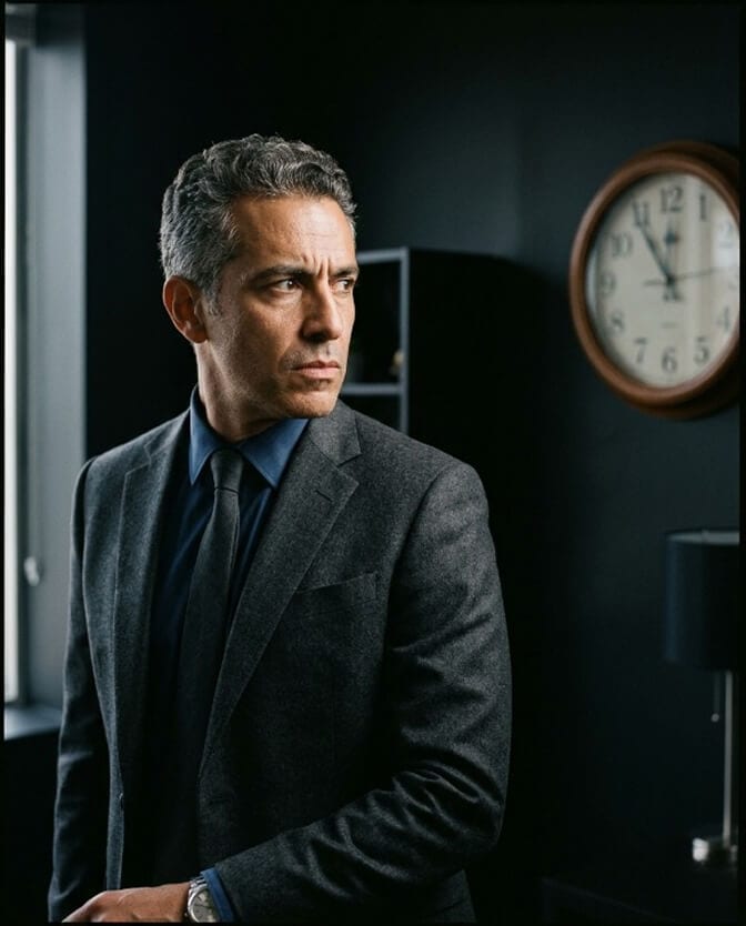Professional in a dark suit standing beside a wall clock, illustrating the pressure of getting a headshot before a deadline