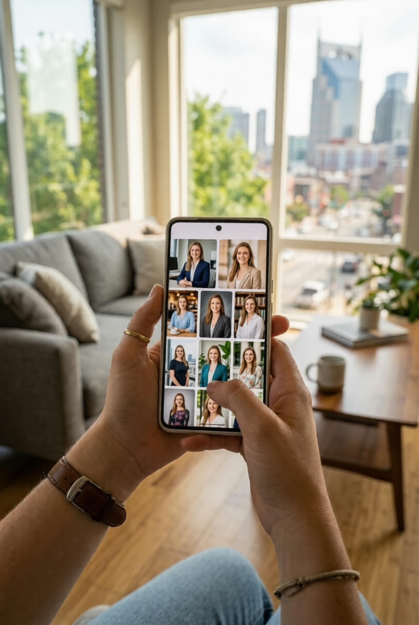 Before and after comparison of AI generated headshots showing studio quality results from casual selfie uploads