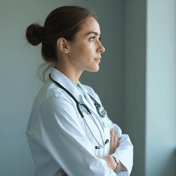 Med school headshot of a woman in white coat standing confidently