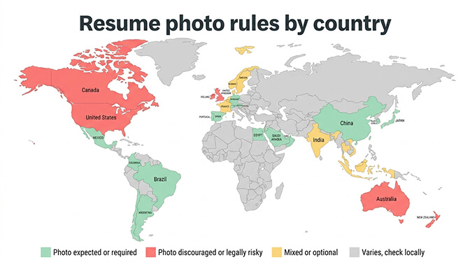 World map showing resume photo rules by country with green for photo expected yellow for mixed and red for photo discouraged