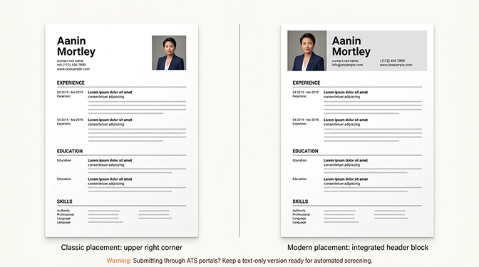 Resume layout examples showing correct photo placement in upper right corner and header integration with proper sizing