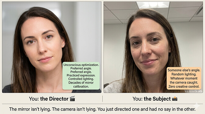 Person optimizing their angle and expression in a mirror versus a candid photo