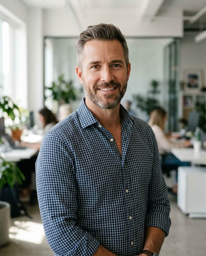 Confident professional headshot of a man in a checked blazer, the kind of recognizable photo that needs no disclosure