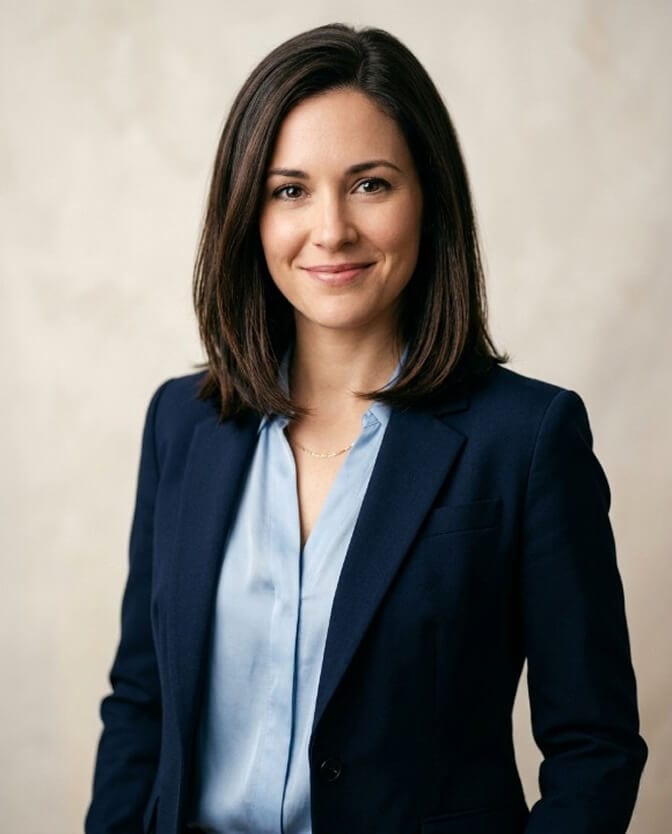 Professional headshot of a woman in a navy blazer that looks naturally like herself, no disclosure needed