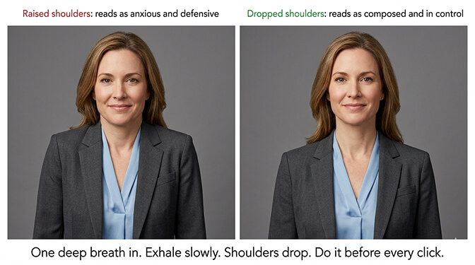 Side by side comparison of raised tense shoulders versus relaxed dropped shoulders