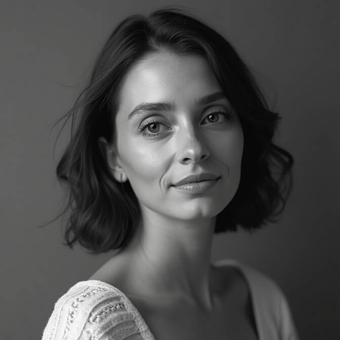 Black and white headshot of a woman with soft lighting, showcasing a flattering effect across skin tones and lighting conditions.