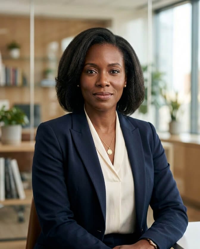 Composed professional headshot of a woman with a calm, confident expression that signals authority