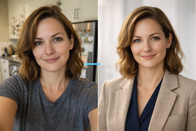 Solopreneur using AI-generated professional headshots across LinkedIn, website, and email signature