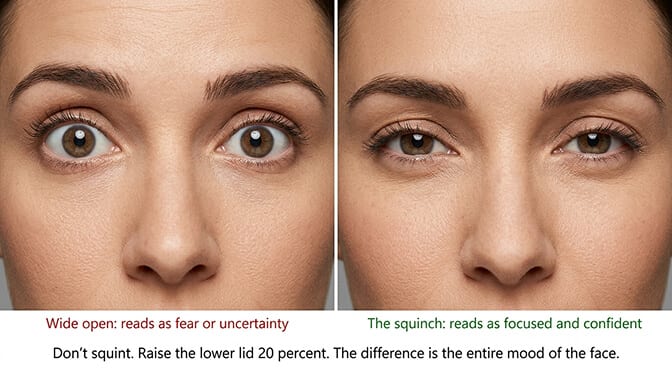 Demonstration of the squinch technique with slightly narrowed lower eyelids