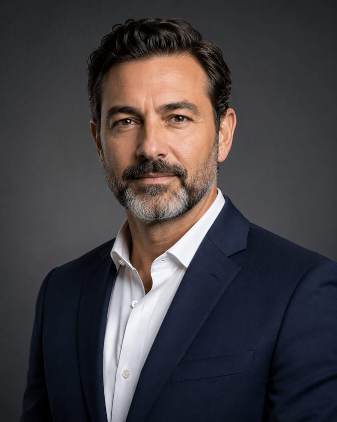 Polished executive headshot of a senior man in a dark suit, representing the premium high-touch end of the market
