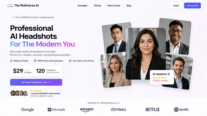 The Multiverse AI homepage showing the headline Professional AI Headshots For The Modern You beside a $29 starting price for 120 headshots per photoshoot and a grid of sample portraits.