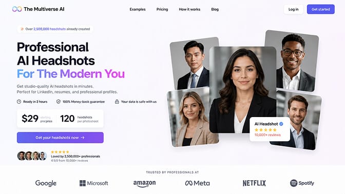 The Multiverse AI homepage showing the headline Professional AI Headshots For The Modern You beside a $29 starting price for 120 headshots per photoshoot and a grid of sample portraits.