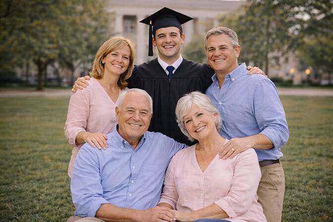 Three generations of family arranged in pyramid formation with grandparents seated and graduate standing tallest in back