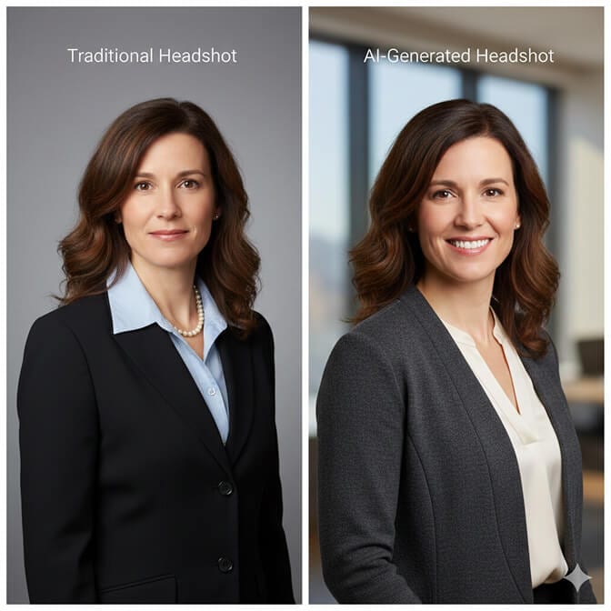 Comparison between a traditional studio headshot and an AI-generated headshot