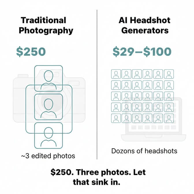 Traditional headshot photography cost comparison vs AI headshot cost showing price difference between $250-$500 traditional sessions and $29-$50 AI alternatives