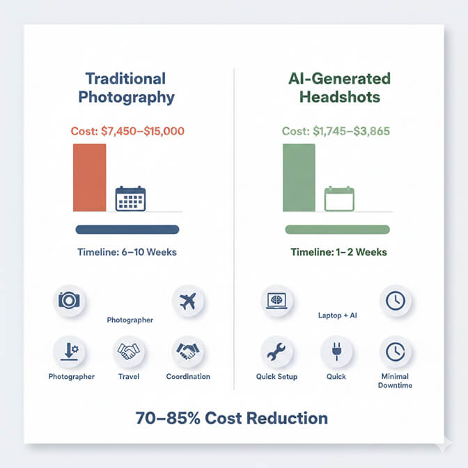 Cost comparison infographic showing traditional employee headshot photography costs $7,450-$15,000 versus AI-generated headshots at $1,745-$3,865 for 50 employees