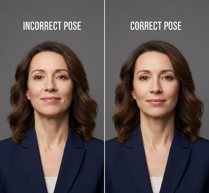 The turtle technique pushing forehead forward to define the jawline in a headshot