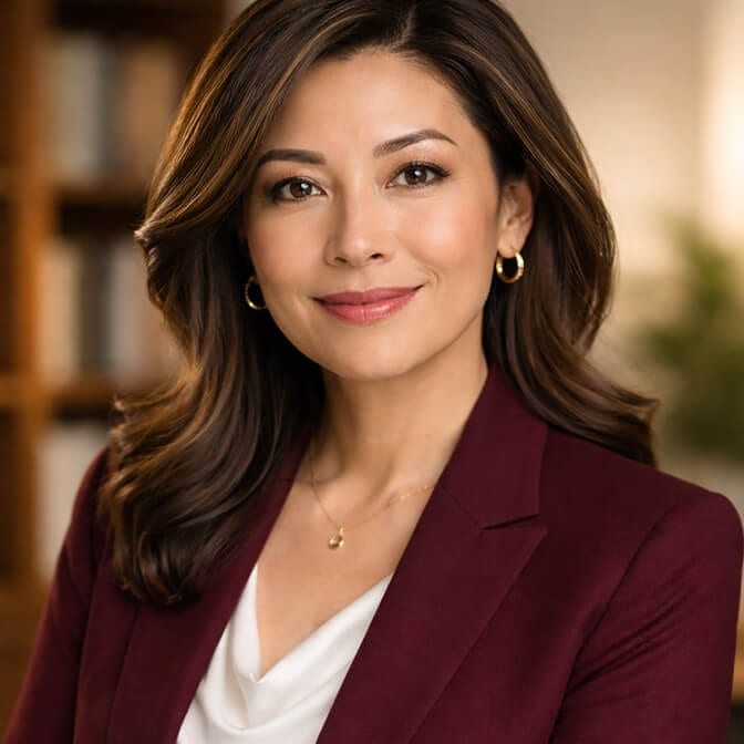 Professional AI headshot of a woman in a burgundy blazer and white top against a softly blurred library background showing the natural ease that emerges once the camera anxiety loop is broken